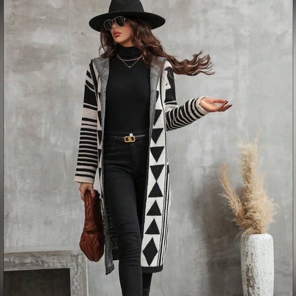 🍁Geo Pattern Drop Shoulder Hooded Duster Cardigan - Picture 5 of 7